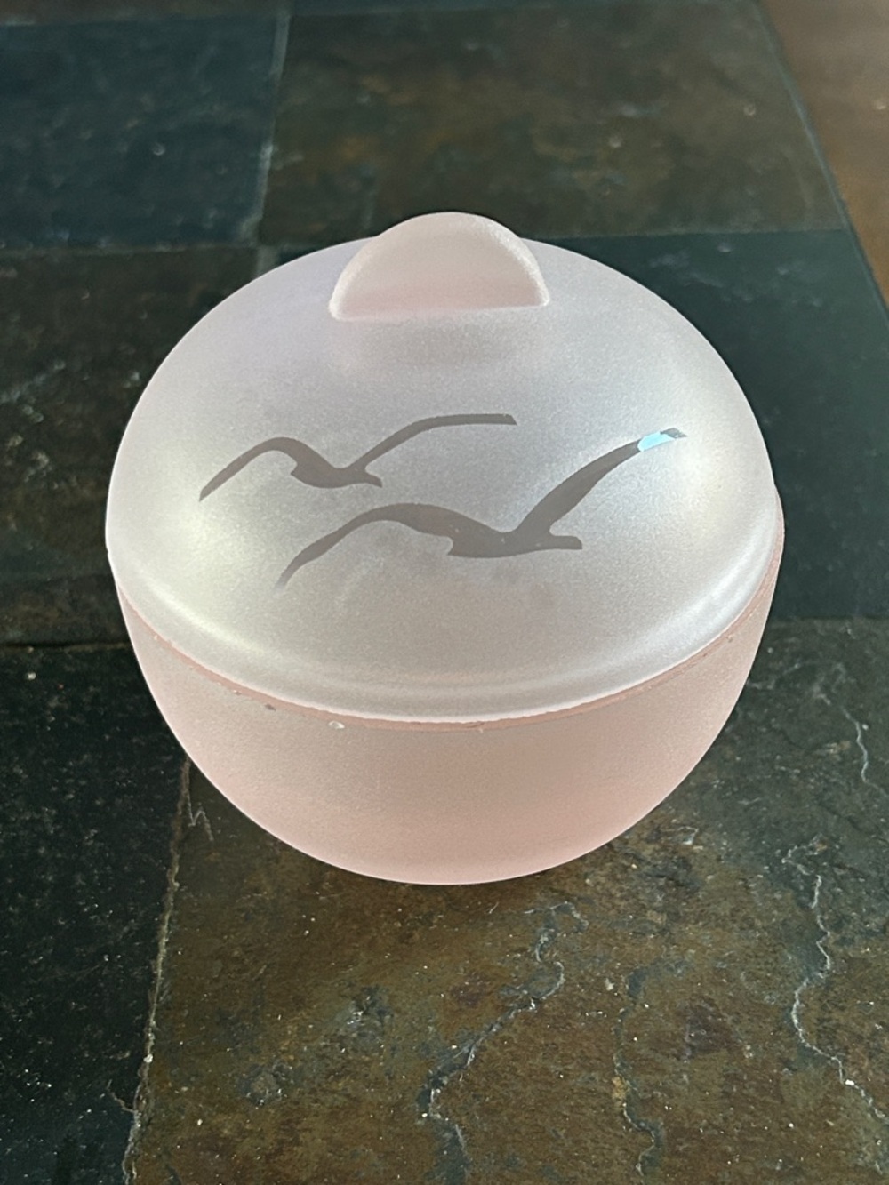 Frosted Pink Glass Trinket Jar with Seagull Motif